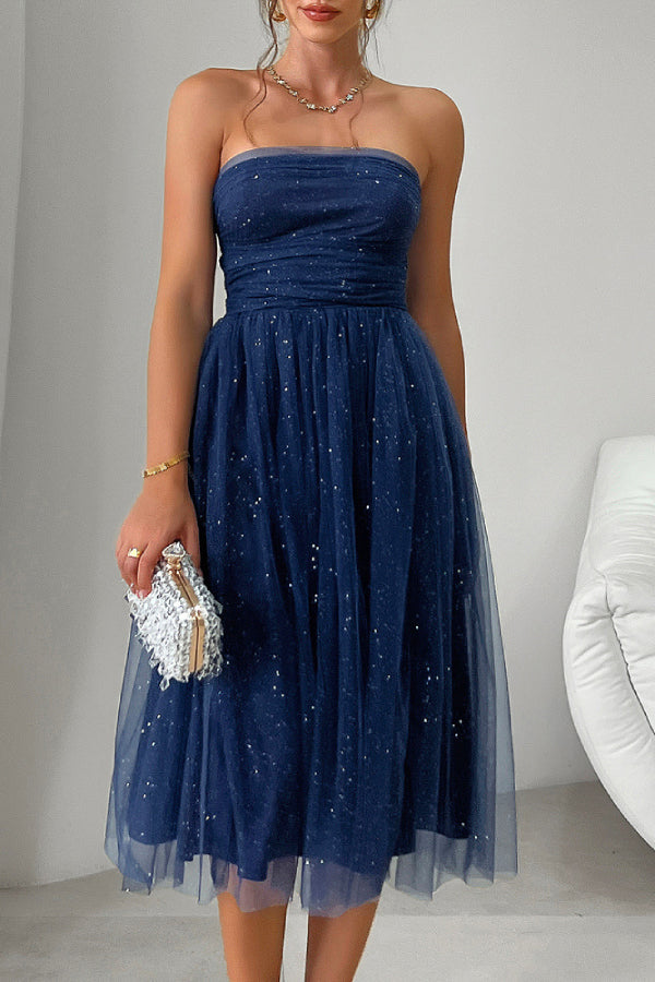 Women's Elegant High-end Tube Top High Waist Mesh Mid-length Evening Dress Blue