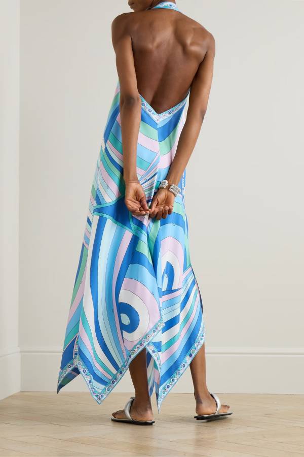 Lizah Satin Unique Print Halter Irregular Hem Draped Maxi Dress