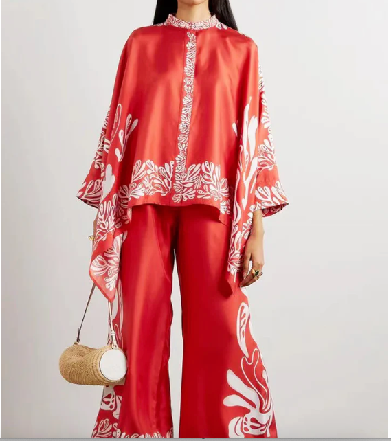 Fine Satin Floral Print Batwing Sleeve Pants Set - Red Red One Size