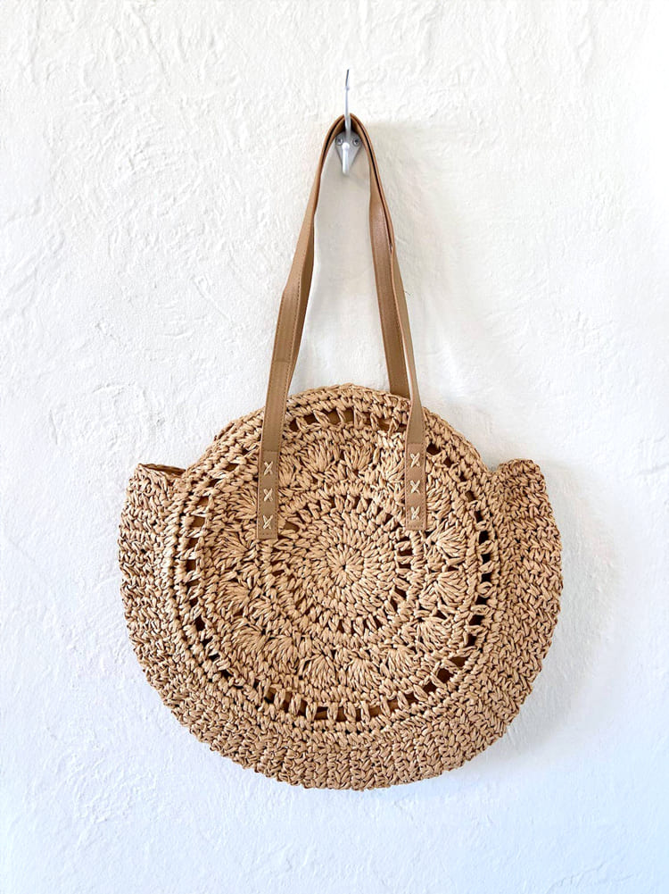 Round Straw Tote Bag Brown ONE SIZE