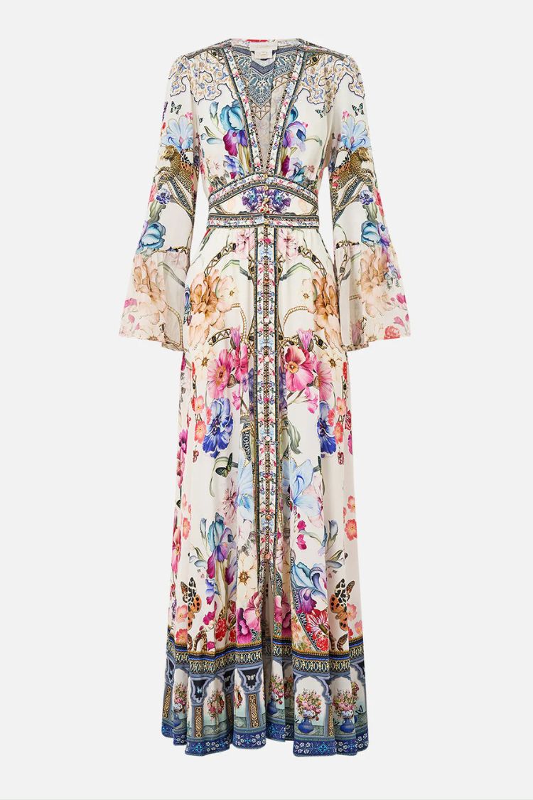 Printed V-neck Long-sleeved Puff Sleeve Waist Maxi Dress