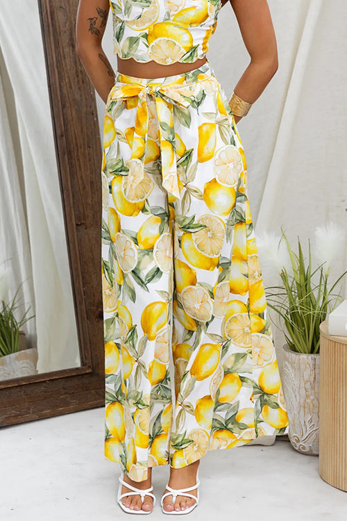Tie Waist Wide Leg Lemon Print Pants Yellow