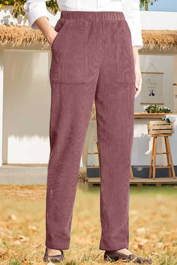 Solid color elastic waist striped straight casual pants Red