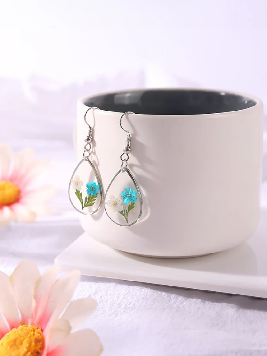 Van Gogh Water color Pressed Flower Tear Drop Earrings Silver one size