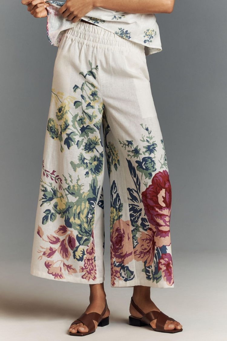 In To The Summer Linen Blend Floral Print Elastic Bandeau and Elastic Waist Pocket Loose Pants Set