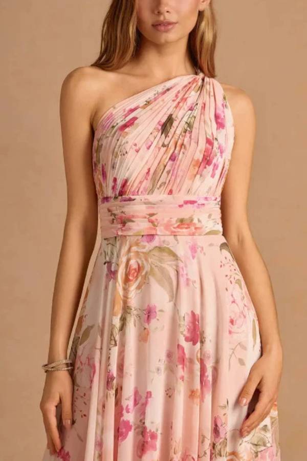 One Shoulder Pleated Watercolor Floral Chiffon Maxi Bridesmaid Dress