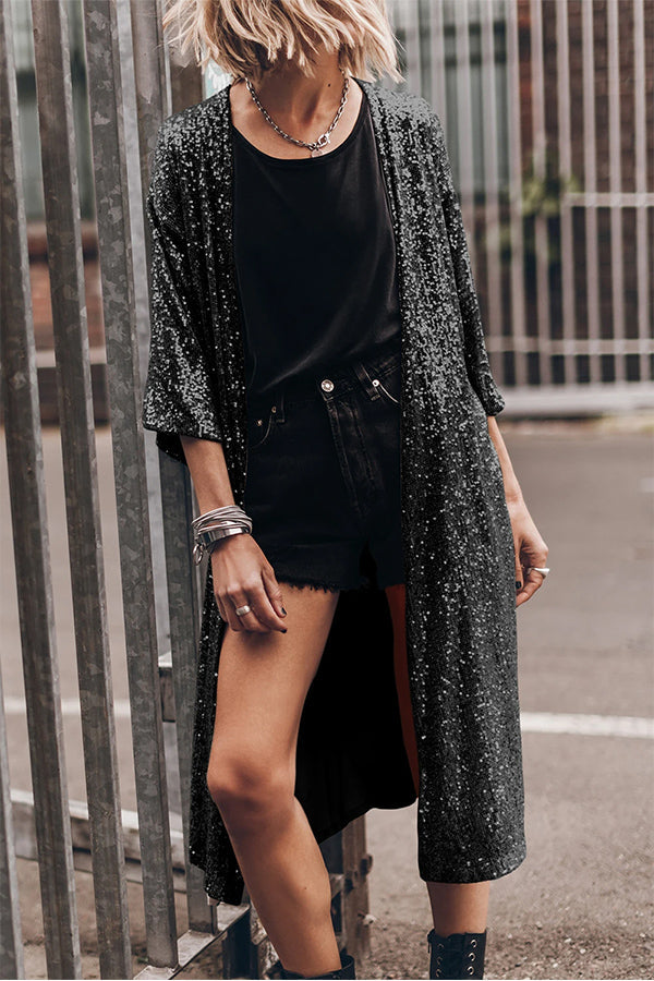 Apricot Sequin 3/4 Sleeve Open Front Duster Cardigan Black