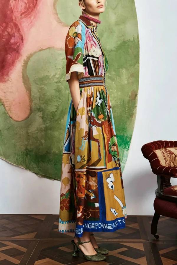 Vintage-Style Multi-Color Print Shirt Maxi Dress
