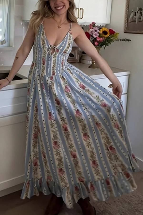 Vintage Floral Stripe Print Lace-Up Waist Maxi Dress