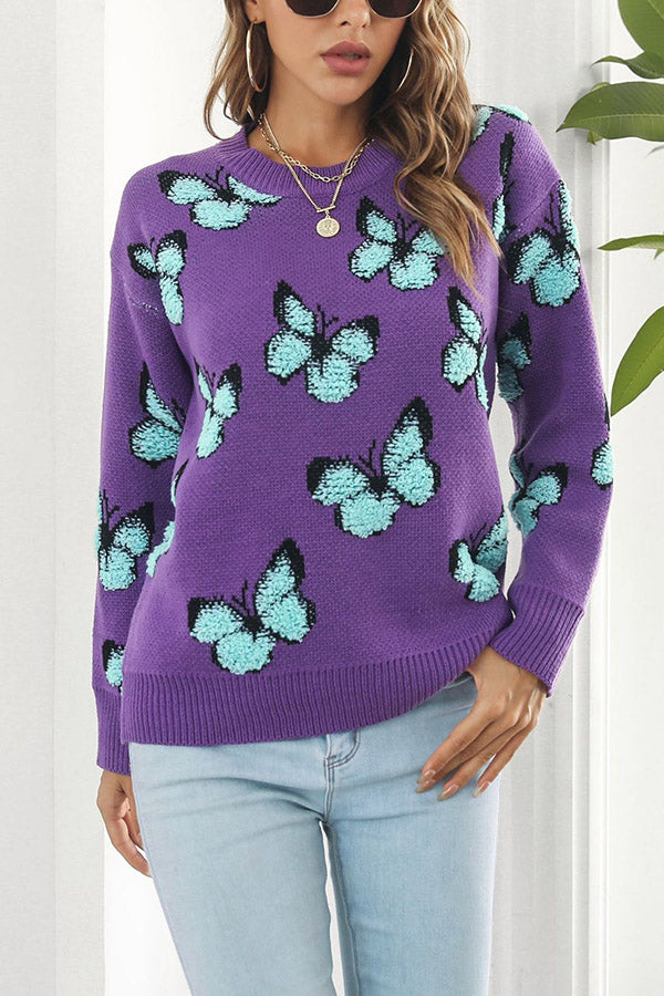 Three-dimensional butterfly women's loose autumn and winter long-sleeved sweater Purple