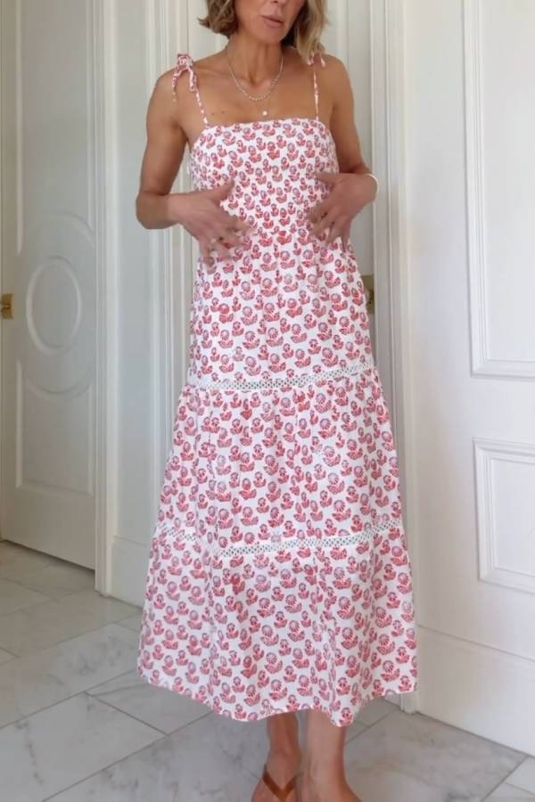 Red Floral Print Tie-Strap Lace Tiered Midi Dress