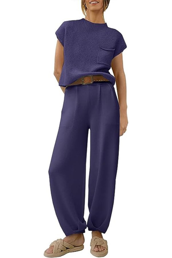 Short Sleeved Knitted Pullover Pleated Harem Pants Lounge Two Piece Set Purple