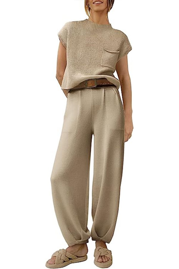 Short Sleeved Knitted Pullover Pleated Harem Pants Lounge Two Piece Set Khaki