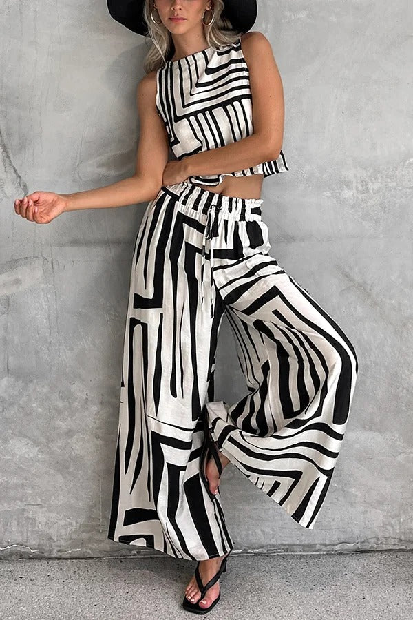 Striped Printed Sleeveless Casual Top and Elastic Waist Loose Pocket Wide-leg Pants Set