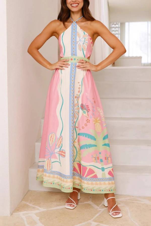 Tropical Print Halter Cutout Maxi Dress
