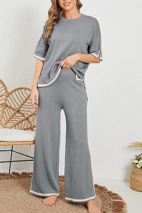 Lounge or Casual Wear Knit Patchwork Color Block Short Sleeve Top and Elastic Wide Leg Pants Grey