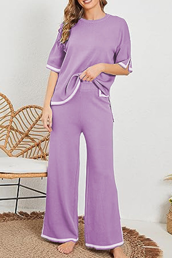 Lounge or Casual Wear Knit Patchwork Color Block Short Sleeve Top and Elastic Wide Leg Pants Purple