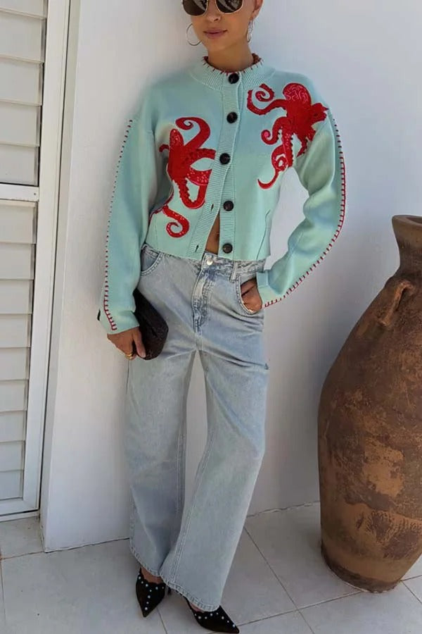 Coastal Fashion Knit Octopus Graphic Contrast Piping Button Up Loose Cardigan