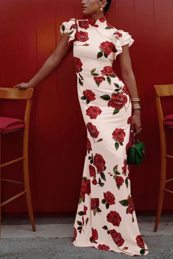 Cheongsam Style Rose Floral Print Tiered Flare Sleeve Stretch Maxi Dress White
