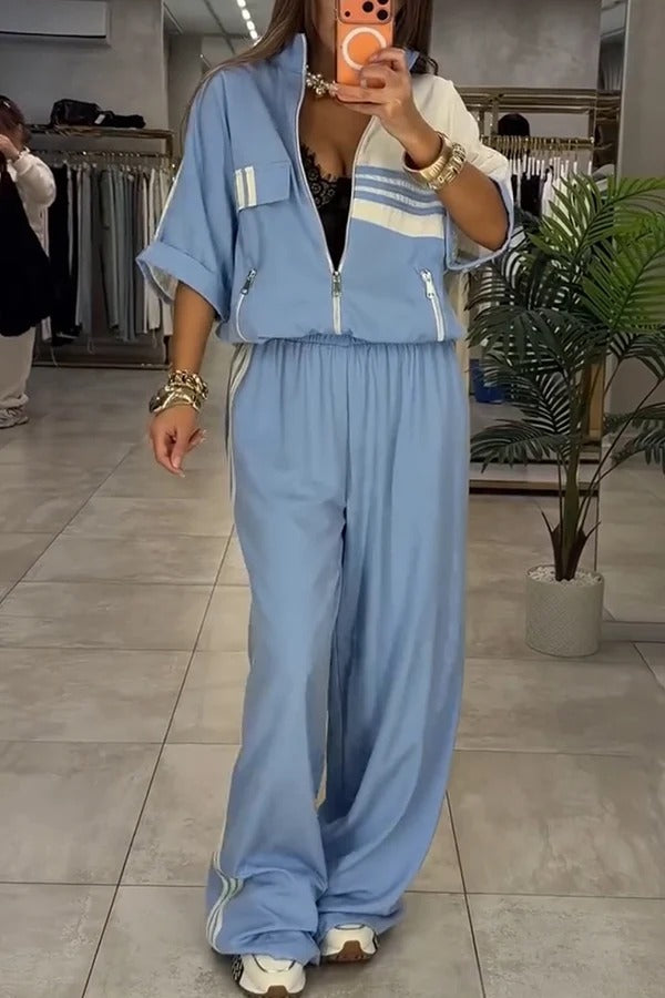 Fashionable Sporty Color-blocked Stripes Half Sleeve Zipper Drawstring Top and Elastic Waist Pocket Pants Set