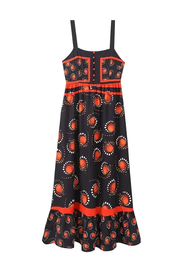 Elegant Printed Square Neck High Waisted Pleated Midi Dress