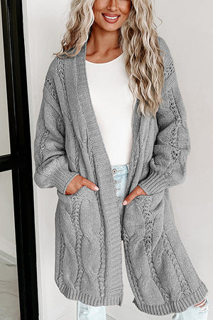 Ribbed Trim Hollow Knit Side Slits Cardigan Grey