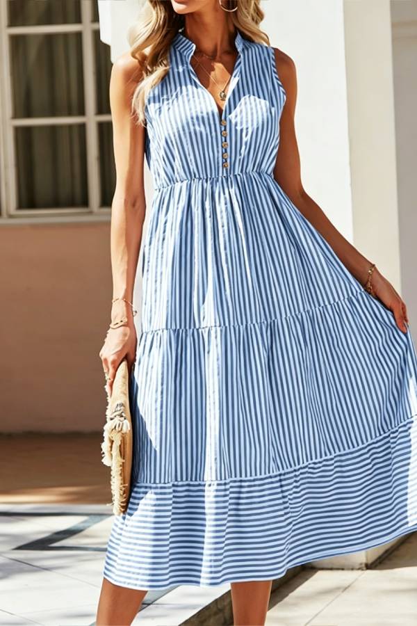 Multi-Color Striped V-Neck Sleeveless Waisted Tiered Maxi Dress