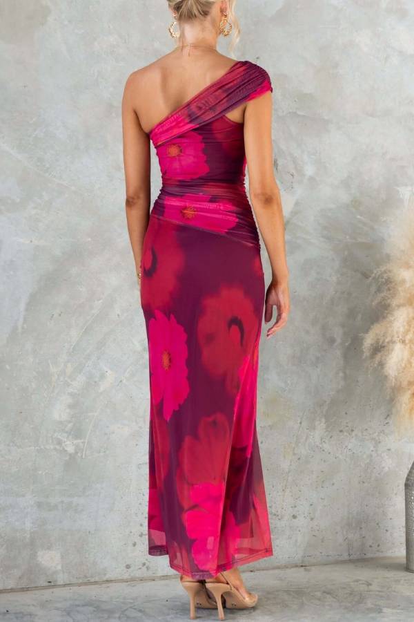 One-Shoulder Printed Mesh Bodycon Mermaid Maxi Dress