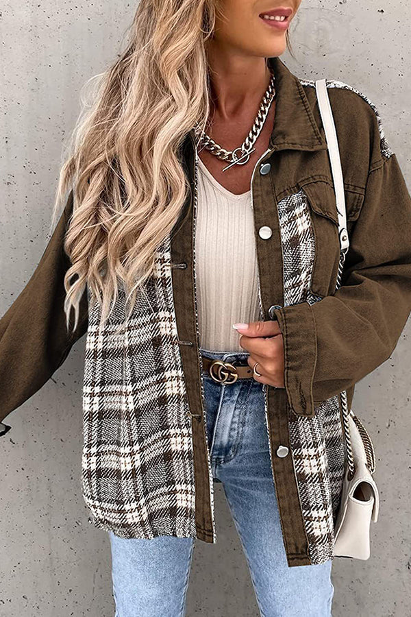 Denim Jacket Long Sleeve Check Button Down Shirt Jacket Top Brown