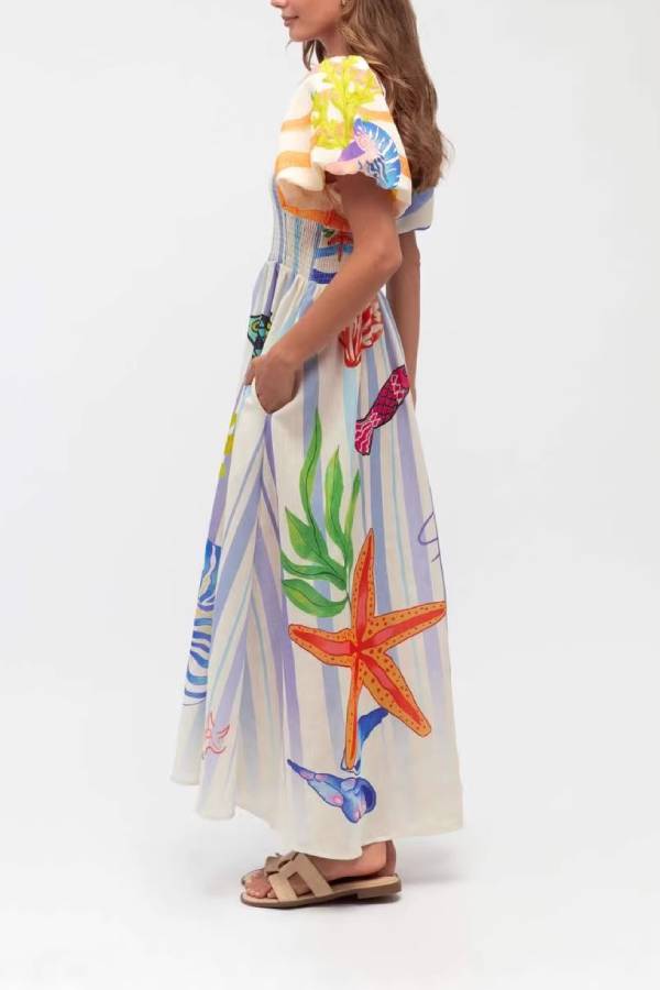 Square Neck Puff Sleeve Marine Life Print Smocked Waist Maxi Dress