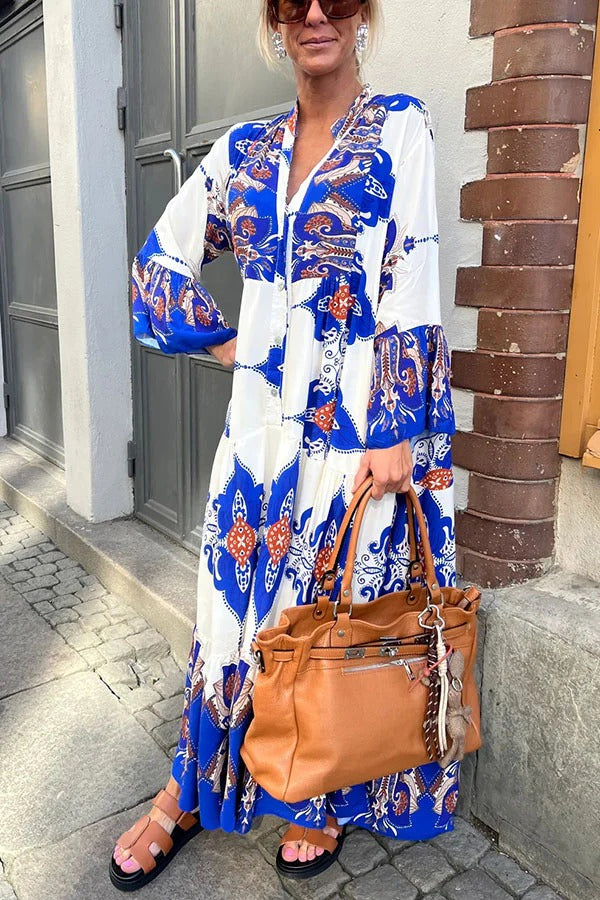 Gracie Paisley Print Button Up Bell Sleeve A-line Maxi Dress Blue
