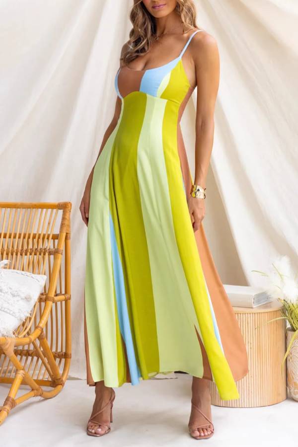 Color Block Spaghetti Strap Maxi Dress