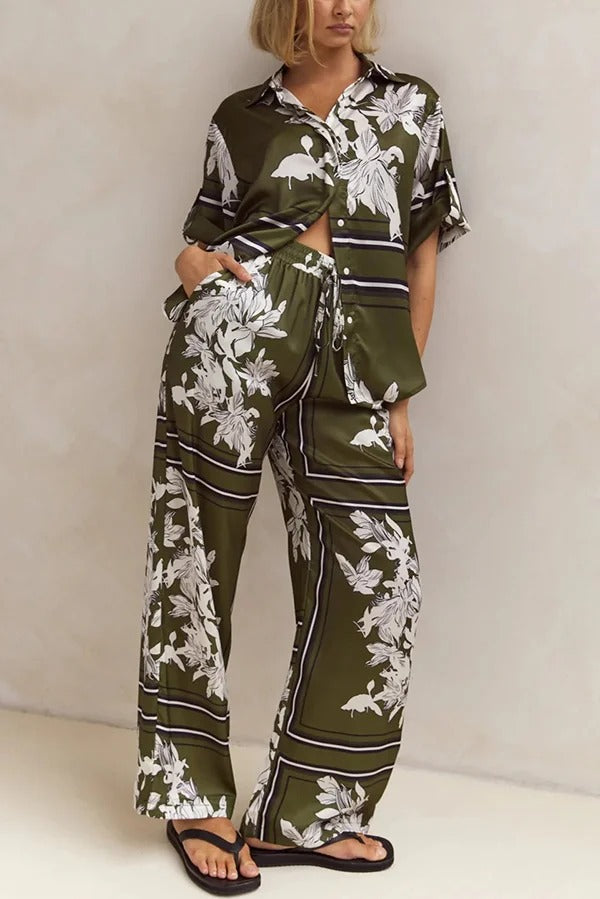 Fashionable Plant Print Loose Lapel Short Sleeve Shirt and Casual Elastic Waist Pocket Pants Set