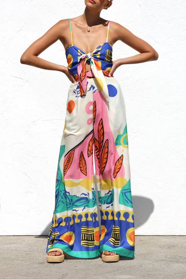 Unique Printed Back Pleated Suspenders Loose Pocket Wide-leg Jumpsuit