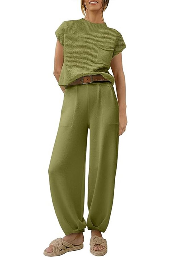Short Sleeved Knitted Pullover Pleated Harem Pants Lounge Two Piece Set Light green