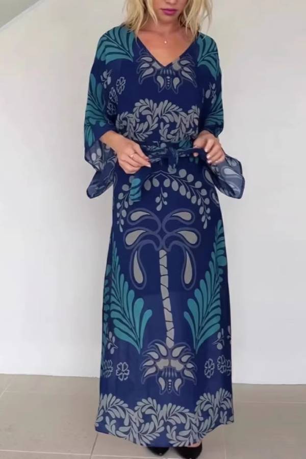 Boho Palm Print V-Neck Tie Waist Flare Sleeve Maxi Dress