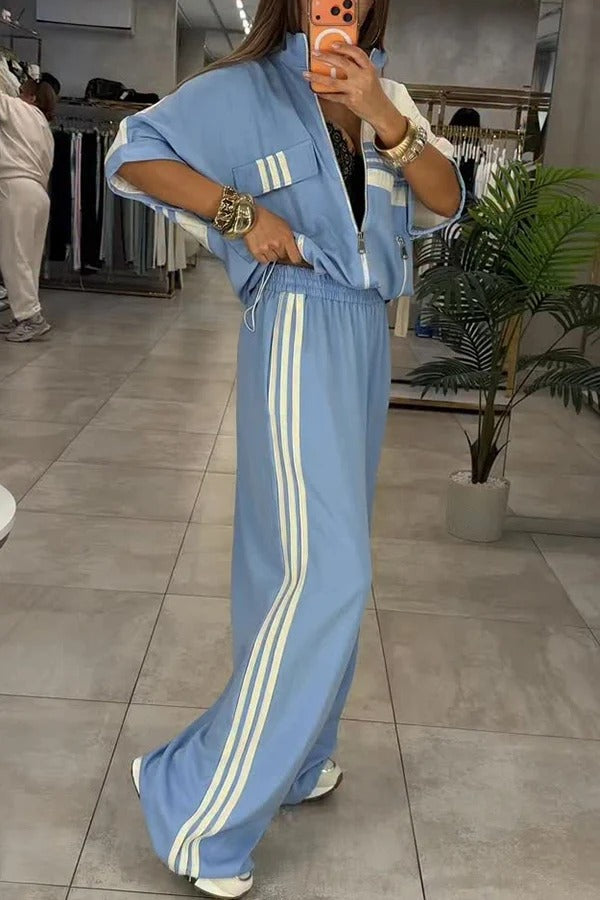Fashionable Sporty Color-blocked Stripes Half Sleeve Zipper Drawstring Top and Elastic Waist Pocket Pants Set