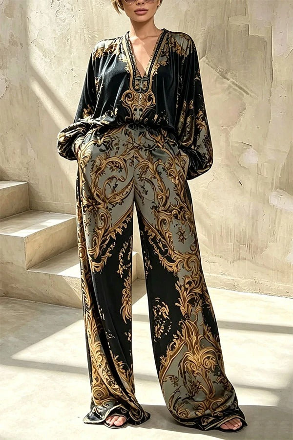 Baroque Noir Statement Blouse and Wide-Leg Pant Set