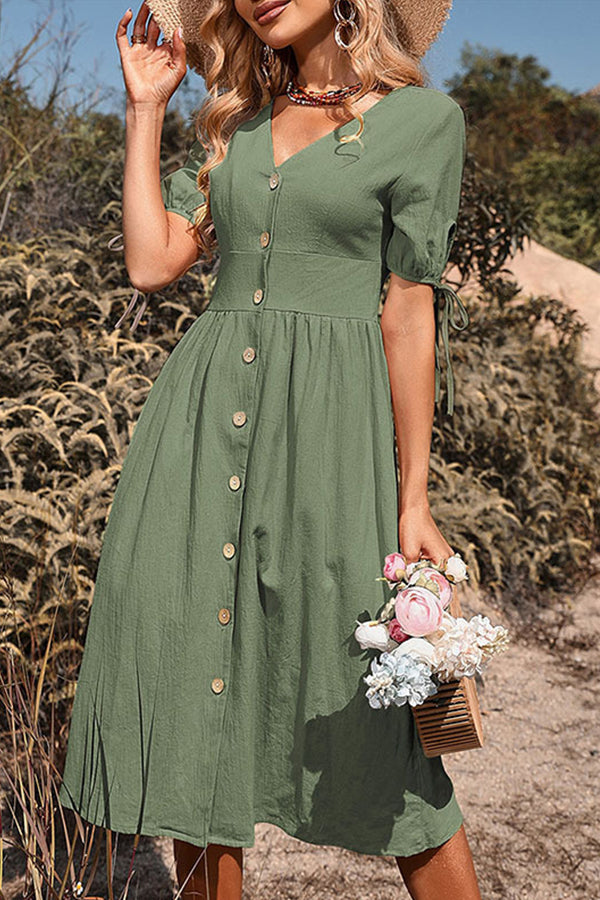Short-sleeved v-neck solid color cotton and linen dress Green