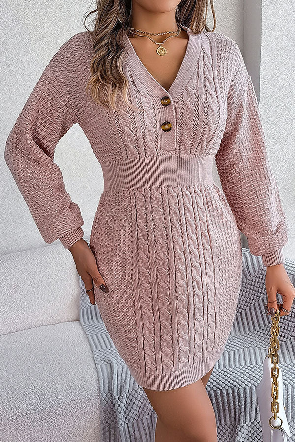 Buttoned V-neck twist lantern sleeves hip-hugging sweater dress Pink