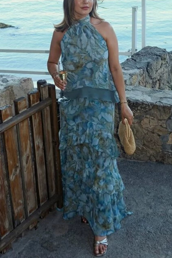 Watercolor Print Halter Ruffle Vacation Two‑Piece Set