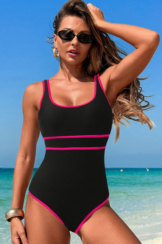 One-piece Patchwork Strap Swimsuit Black and pink