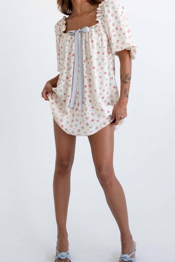 Square Neck Puff Sleeve Bow Tie Babydoll Mini Dress