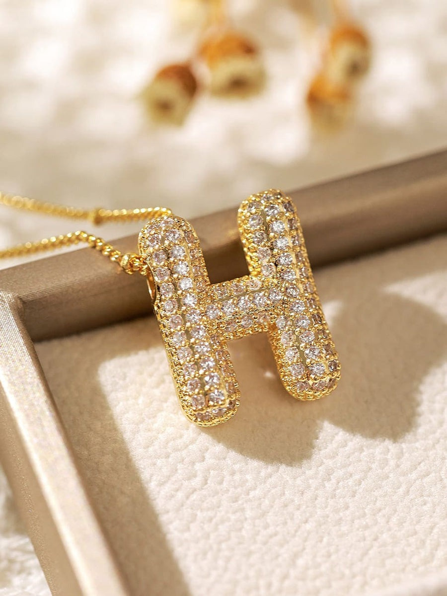Pavé Bubble Letter Monogram Necklace Gold H