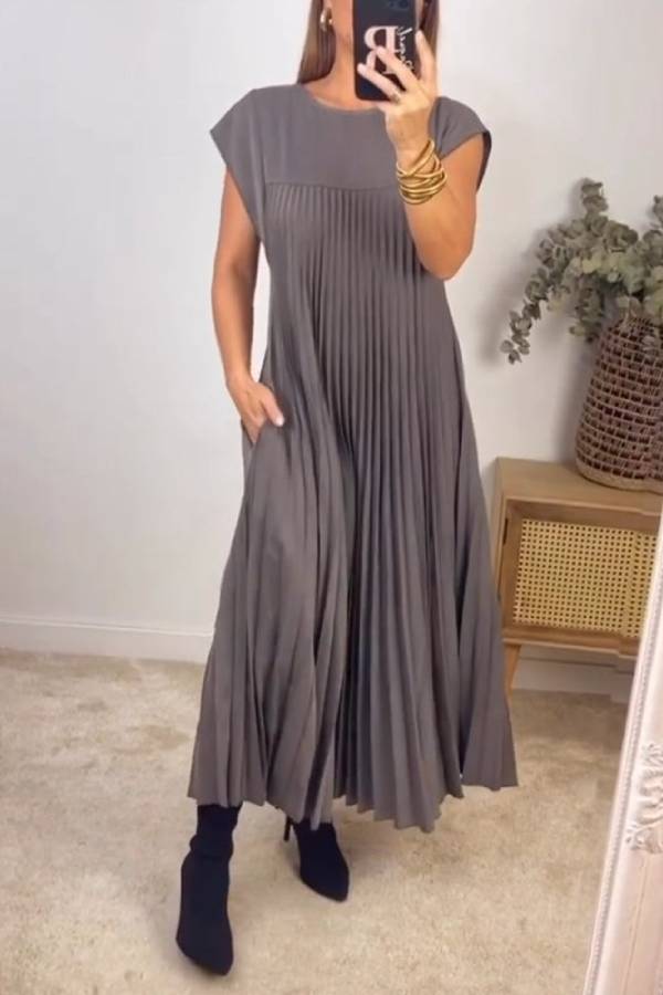 Women Pleated Simple Solid Color Dress Grey