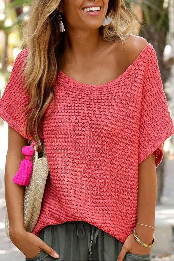 Red Clay Plain Knit Loose Batwing Sleeve Blouse Red S