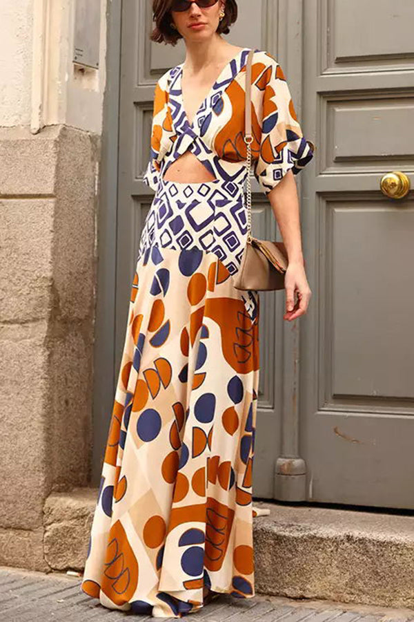 Geometric Unique Print Cutout Waist Wide Sleeve Maxi Dress Blue