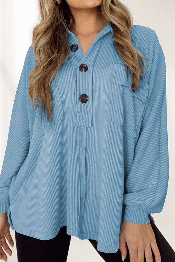 Lapel Knit Long Sleeve Top Blue