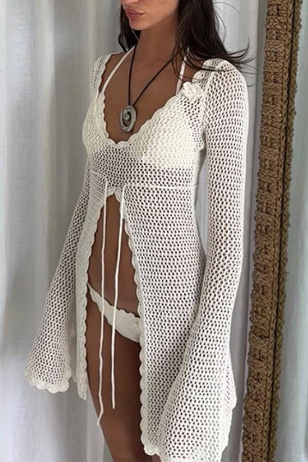 Openwork Knit Flared Sleeve Cover-Up
