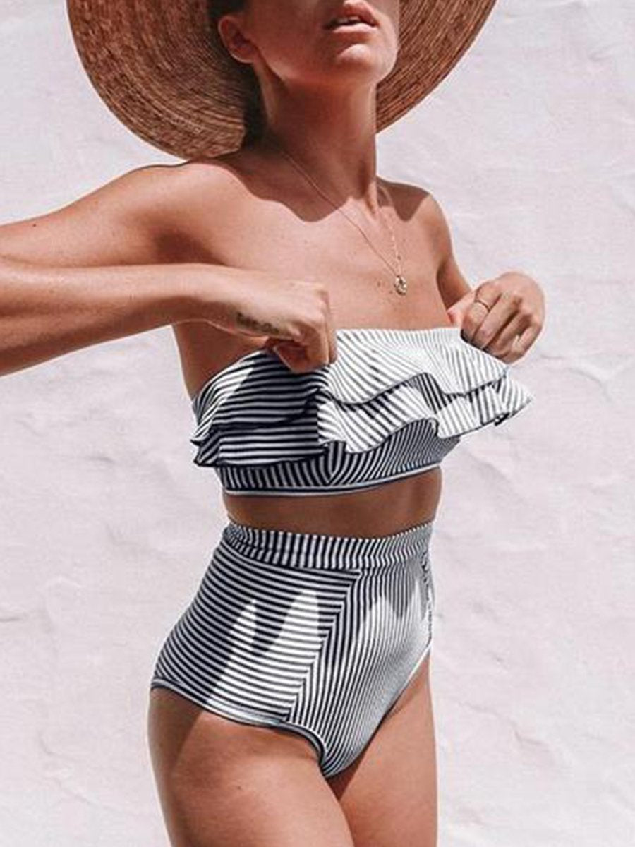 Flounce Sleeve Bandeau Stripe Swimsuit Black